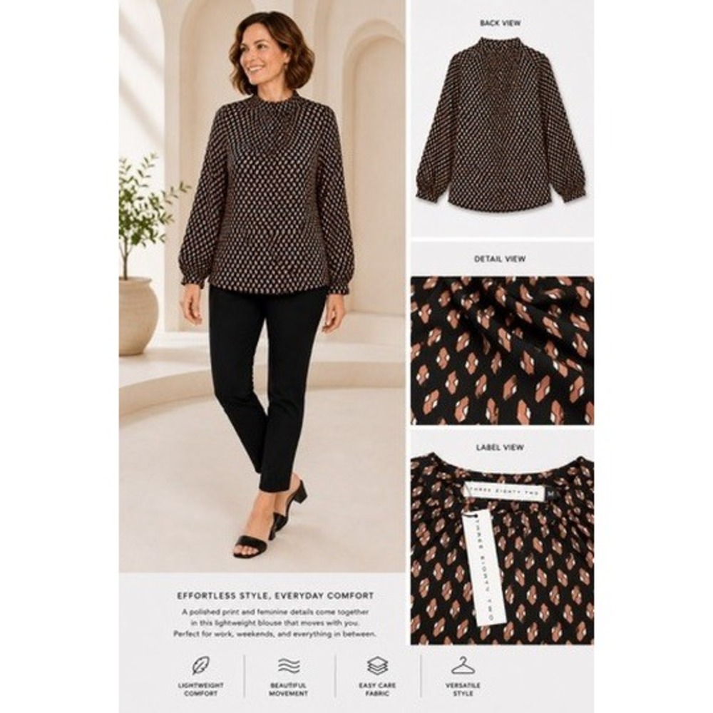 Three Eighty Two Womens Medium Black Peach Geometric Print Tie Neck Blouse NWT